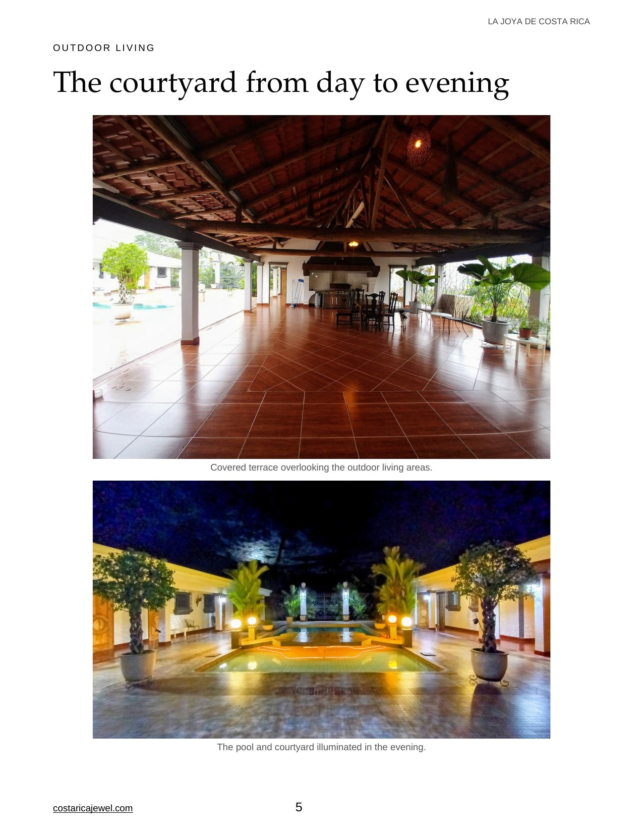 La Joya de Costa Rica Brochure — Page 5: Covered courtyard and illuminated pool